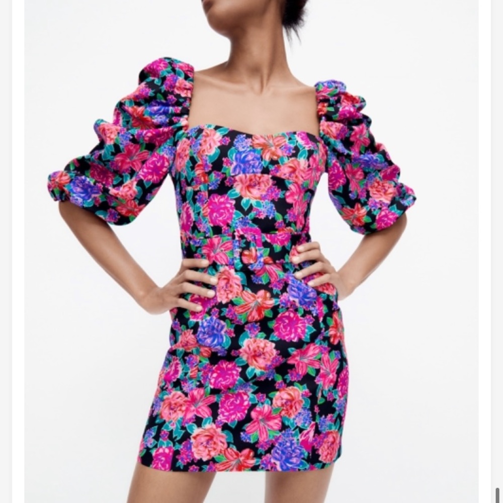 Zara Pink Floral Heart Neckline Puff Sleeve Belted Romantic Mini Dress NWT